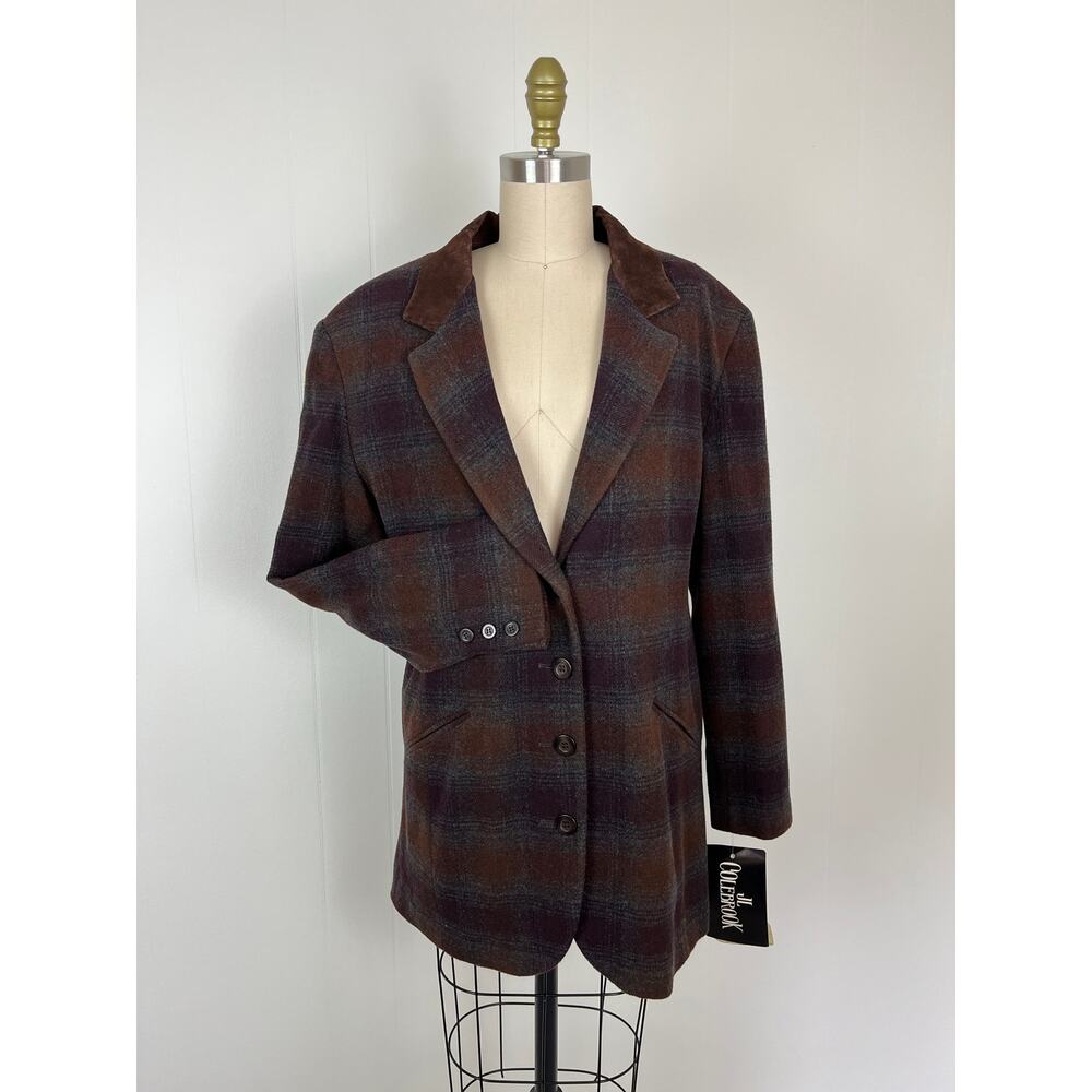 Vintage 90s JL Colebrook NWT Wool Blazer Suit Jacket Medium Plaid Burgundy Brown